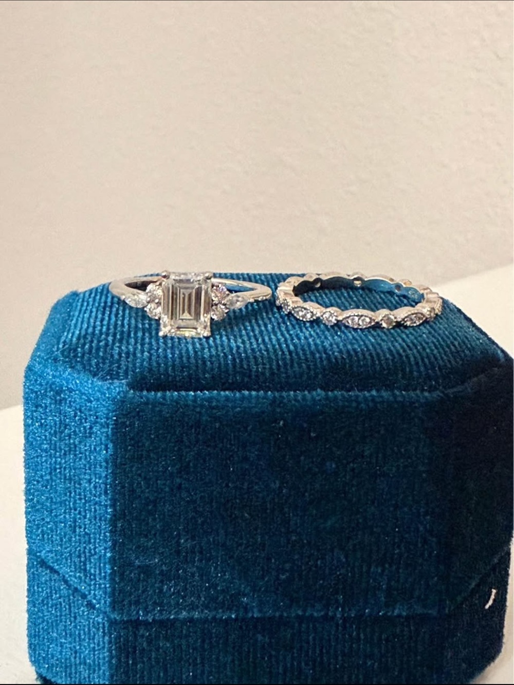 Emerald-Cut Solitaire and Twisted Diamond Band Set - Silver Tone